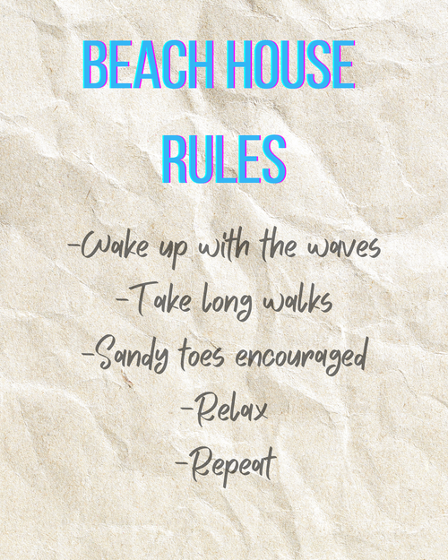 Beach House Rules print with sandy texture background and bright blue bold typography