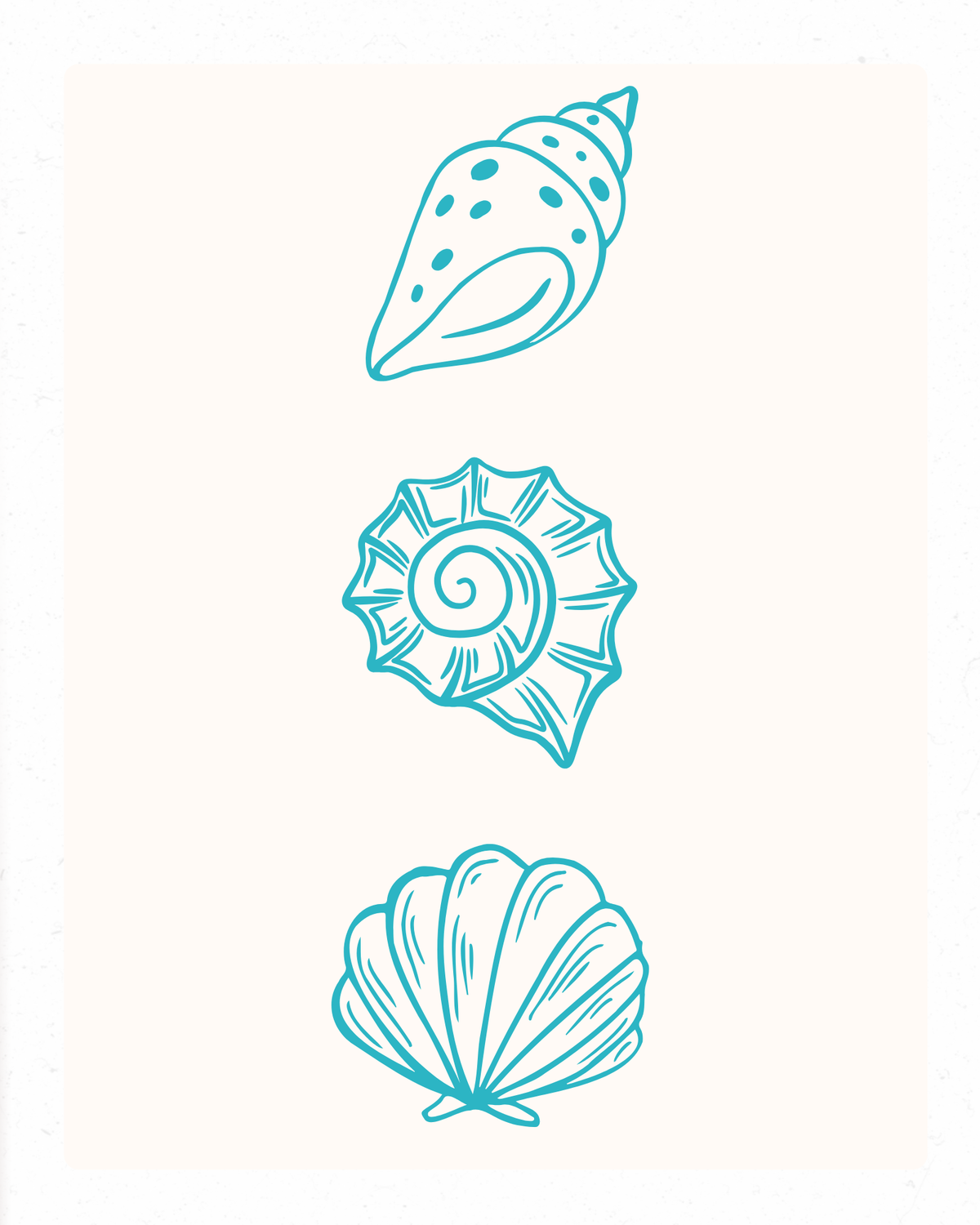 Salt Water & Sea Shells print with script text and three illustrated seashells