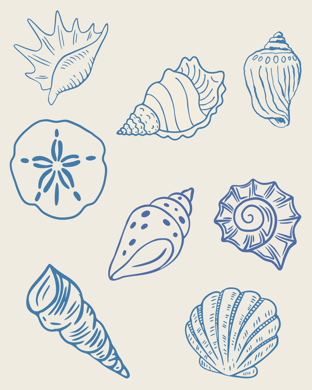 Coastal seashell collection print with beige background, eight hand-drawn shells in blue